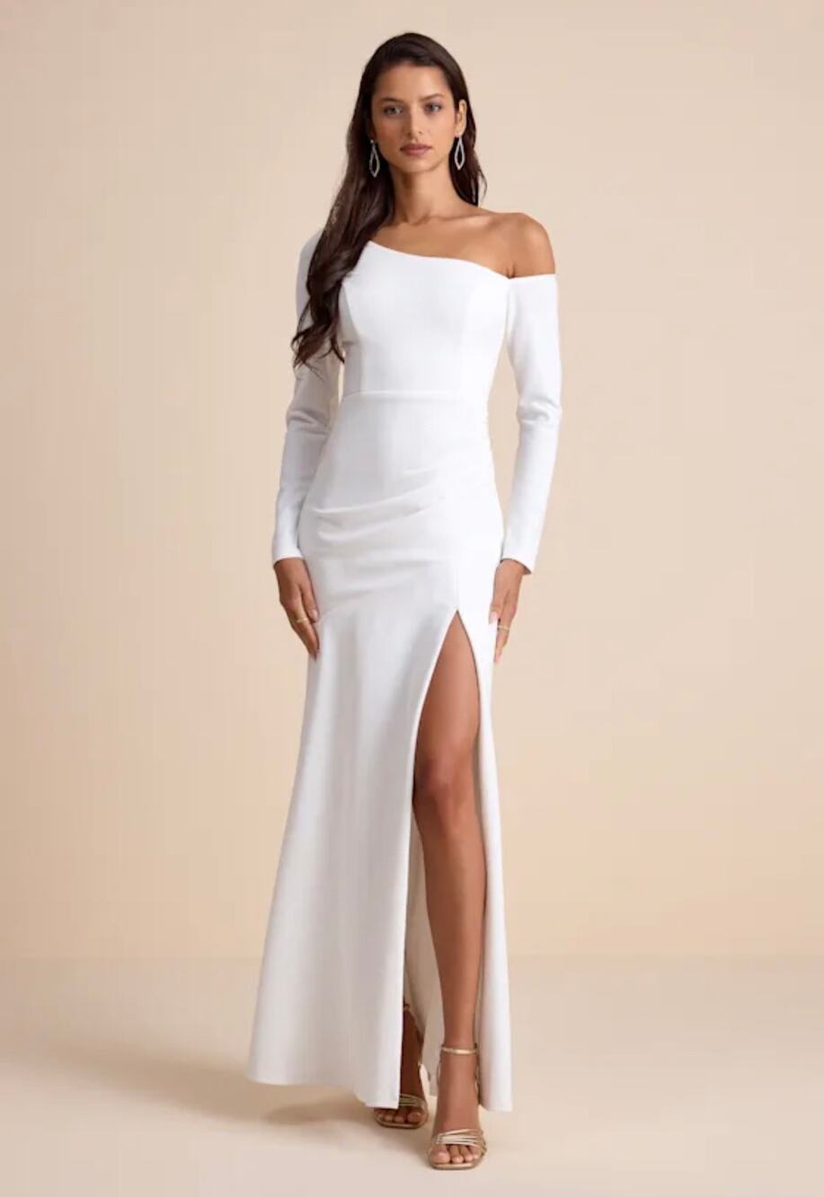 Lulus Elegant Sensation White Asymmetrical Pleated Maxi Dress Sz L